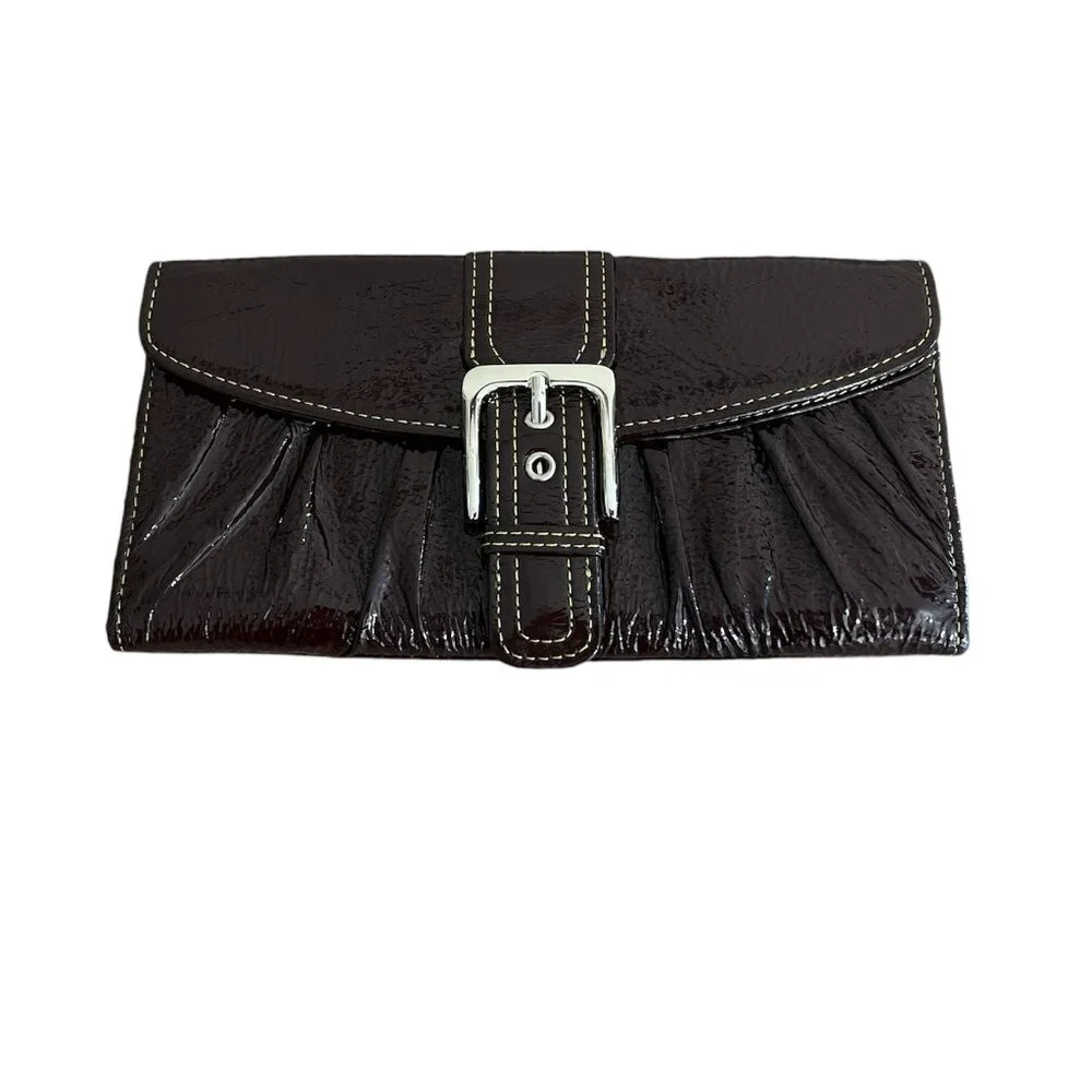 Buckle Wallet / Clutch - Shiny Brown Faux Leather - Multi-Pocket - NWT